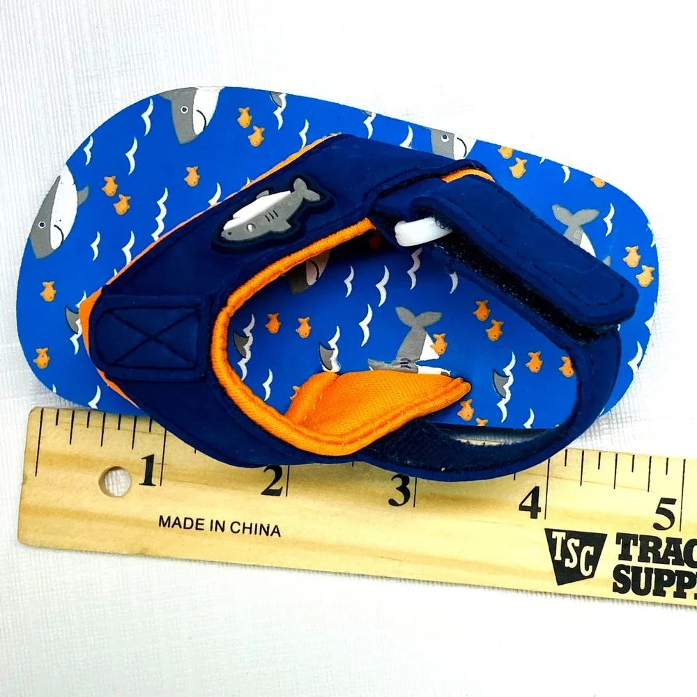 Kids Shark‎ Flip Flop Sandals Toddler Size 3 Blue Orange Hook and Loop